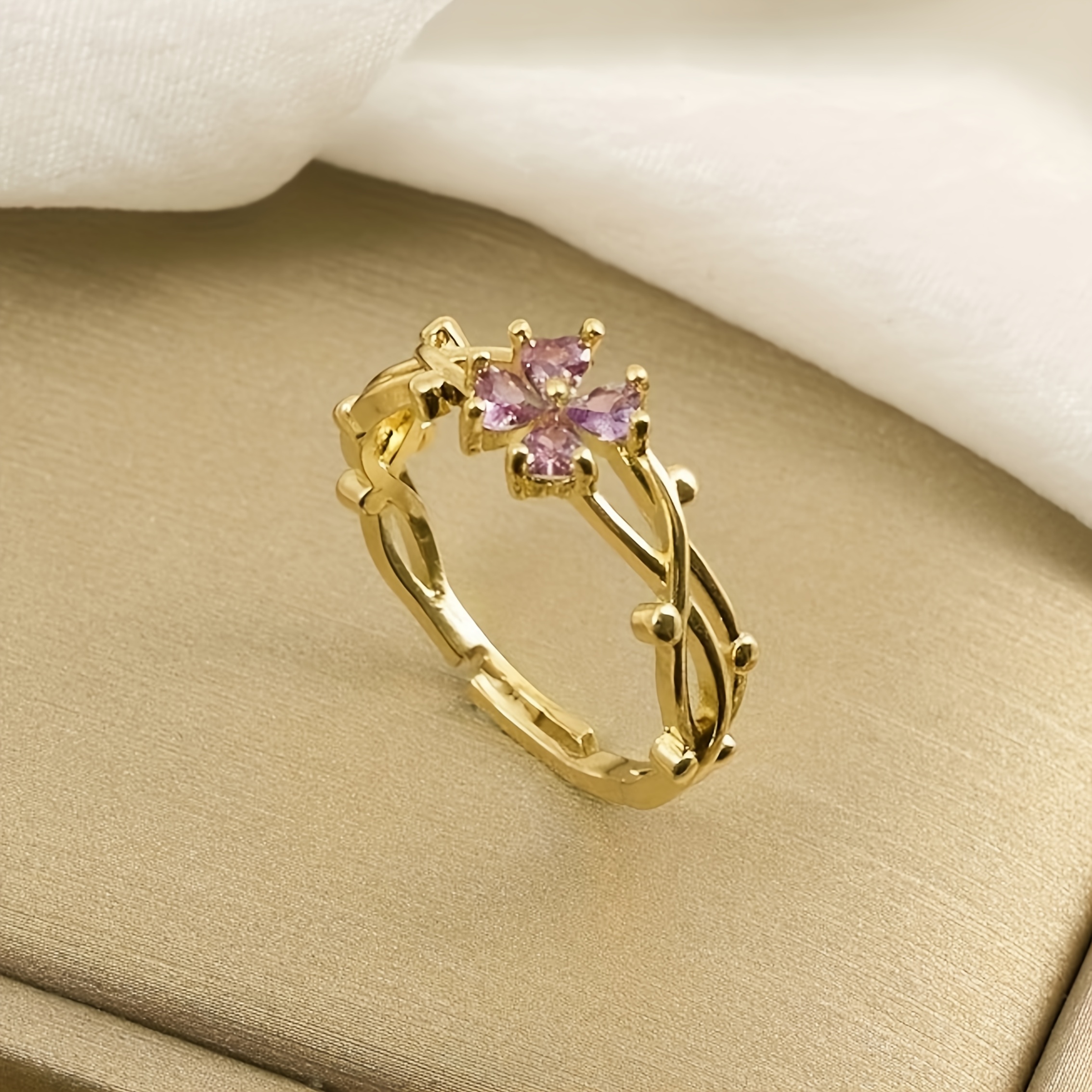 Women's Purple Zirconia Four-Leaf Clover Copper Ring, Light Luxury